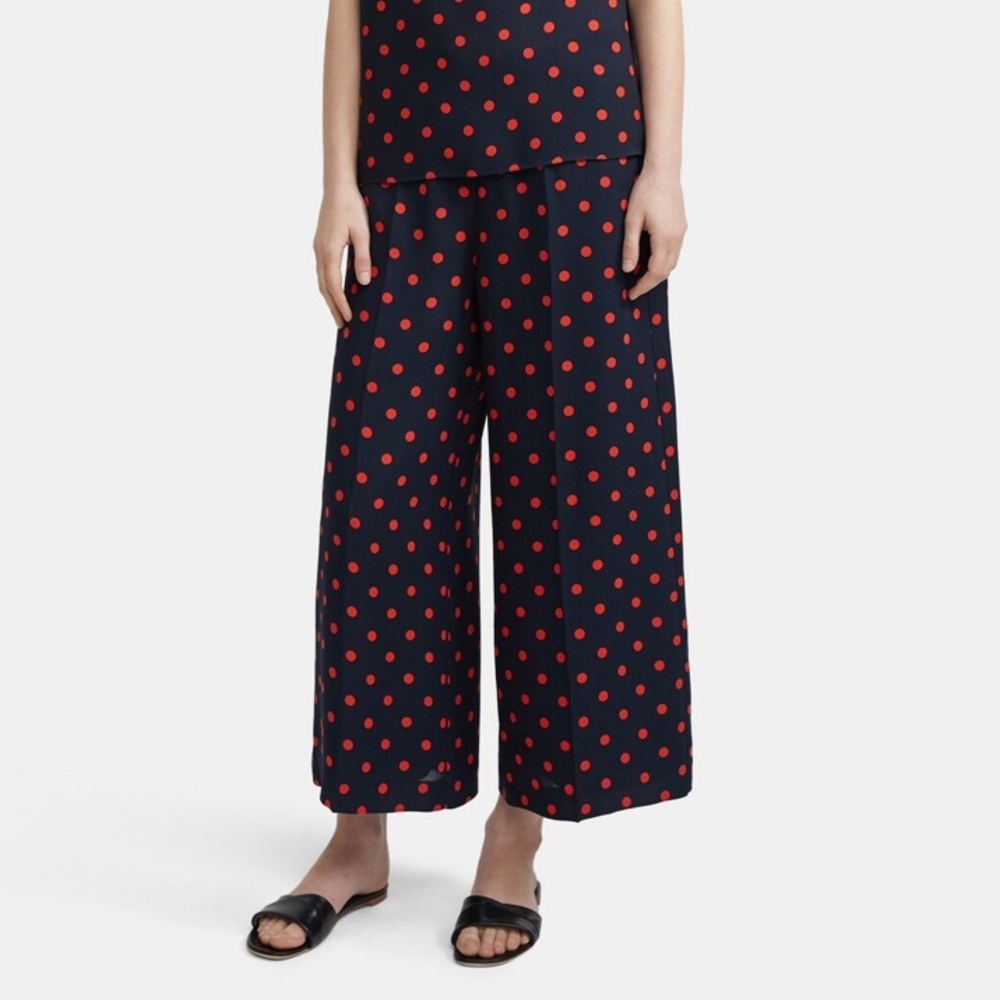 NWT Theory Deep Navy Blue Red Multi Polka Dot Wide Leg Pant in Neon Silk